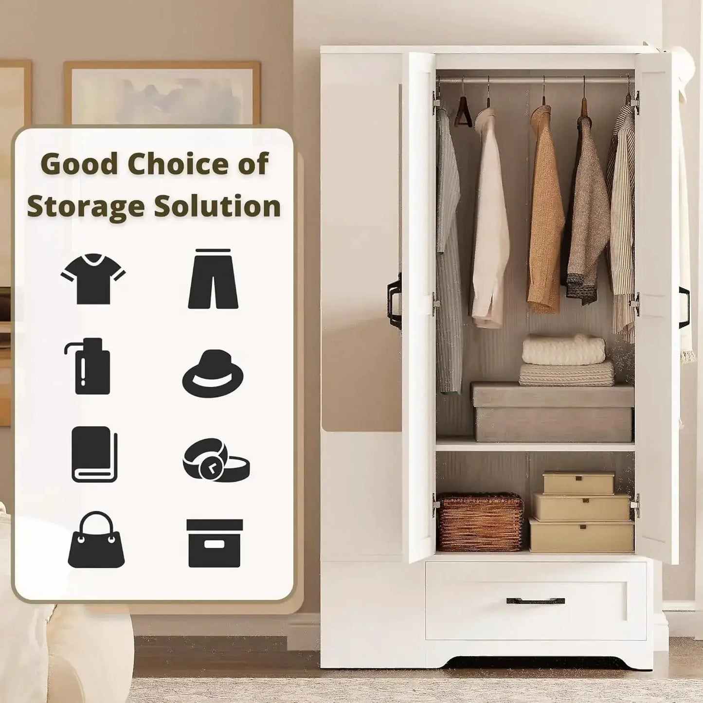 70" Tall Wardrobe Closet with Mirror, Side Shelves & Drawer, Freestanding Armoire with Hanging Rod, Barn Door Storage Cabinet, White from PriceLows™