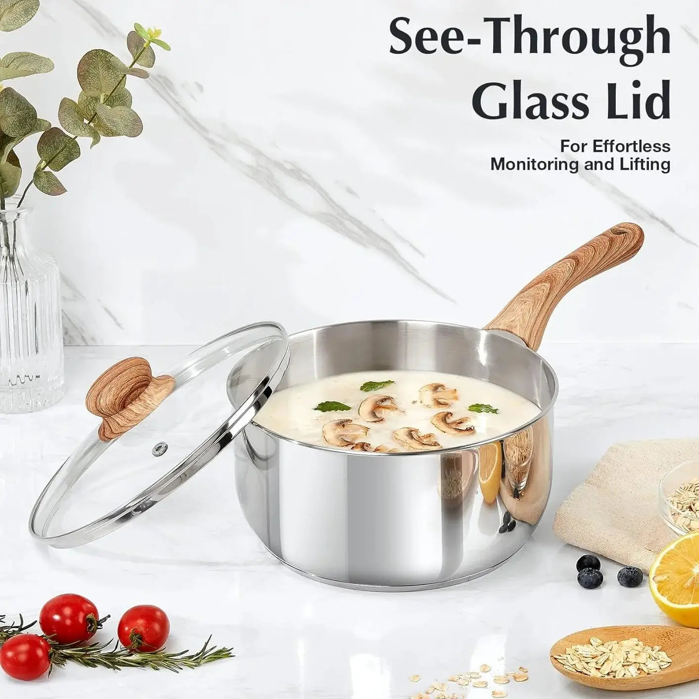 Set of 6 Stainless Steel Saucepans with Lids, Featuring a Cool-Touch Bakelite Handle, Including 1 QT, 2 QT, And 3 QT Sizes from PriceLows™