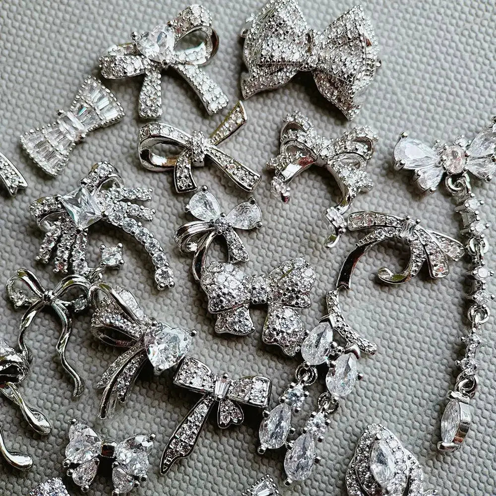 10pcs Silver Rhombus Streamer Bowknot Tassel Zircon Nails Jewelry Decorations DIY Wear Nail Art Accessories Charms Part Supplies from PriceLows™