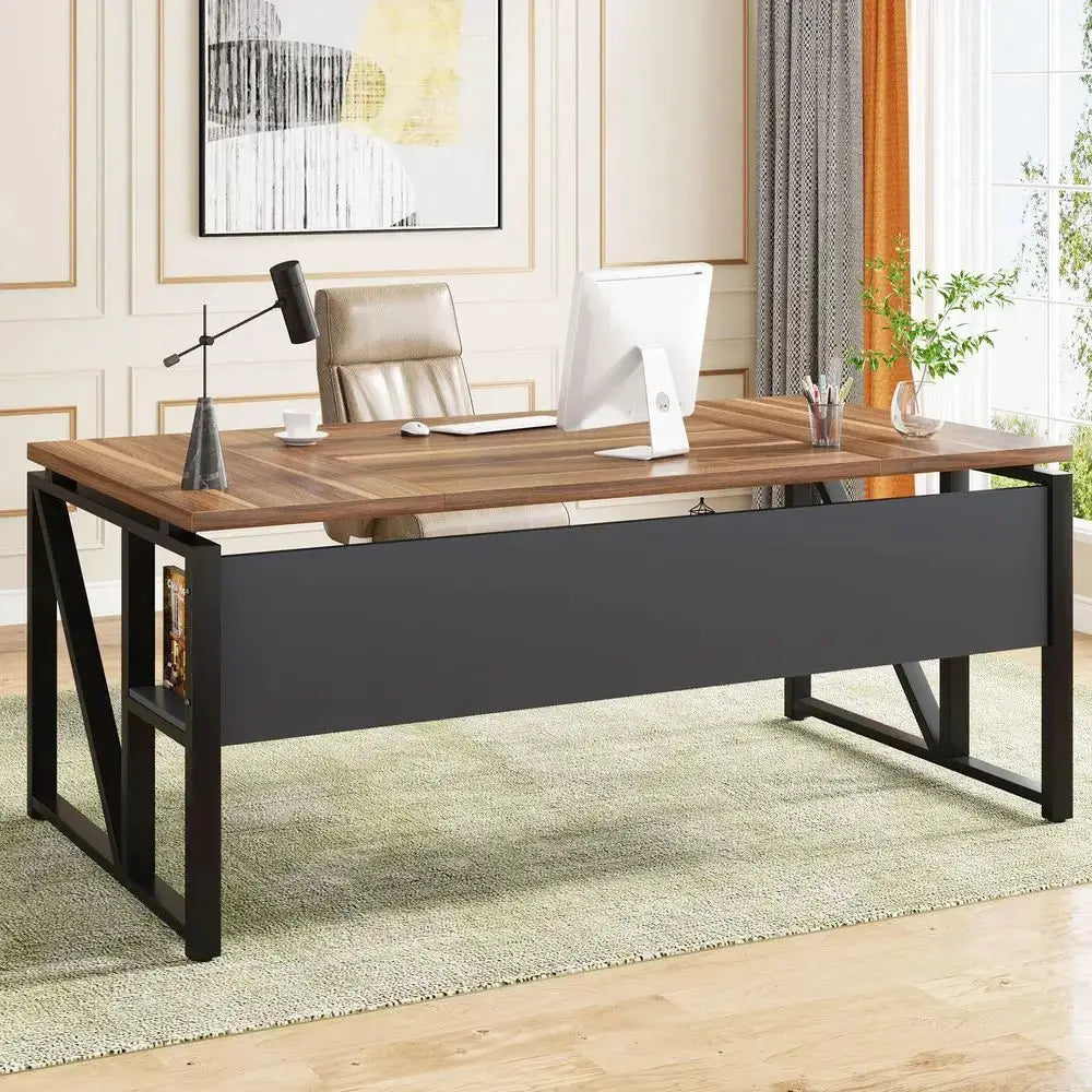 63 inches Computer Desk with Bottom Storage Shelf Home Office Desk Writing Table for Workstation, Dark Walnut Steel Leg, Cabine from PriceLows™