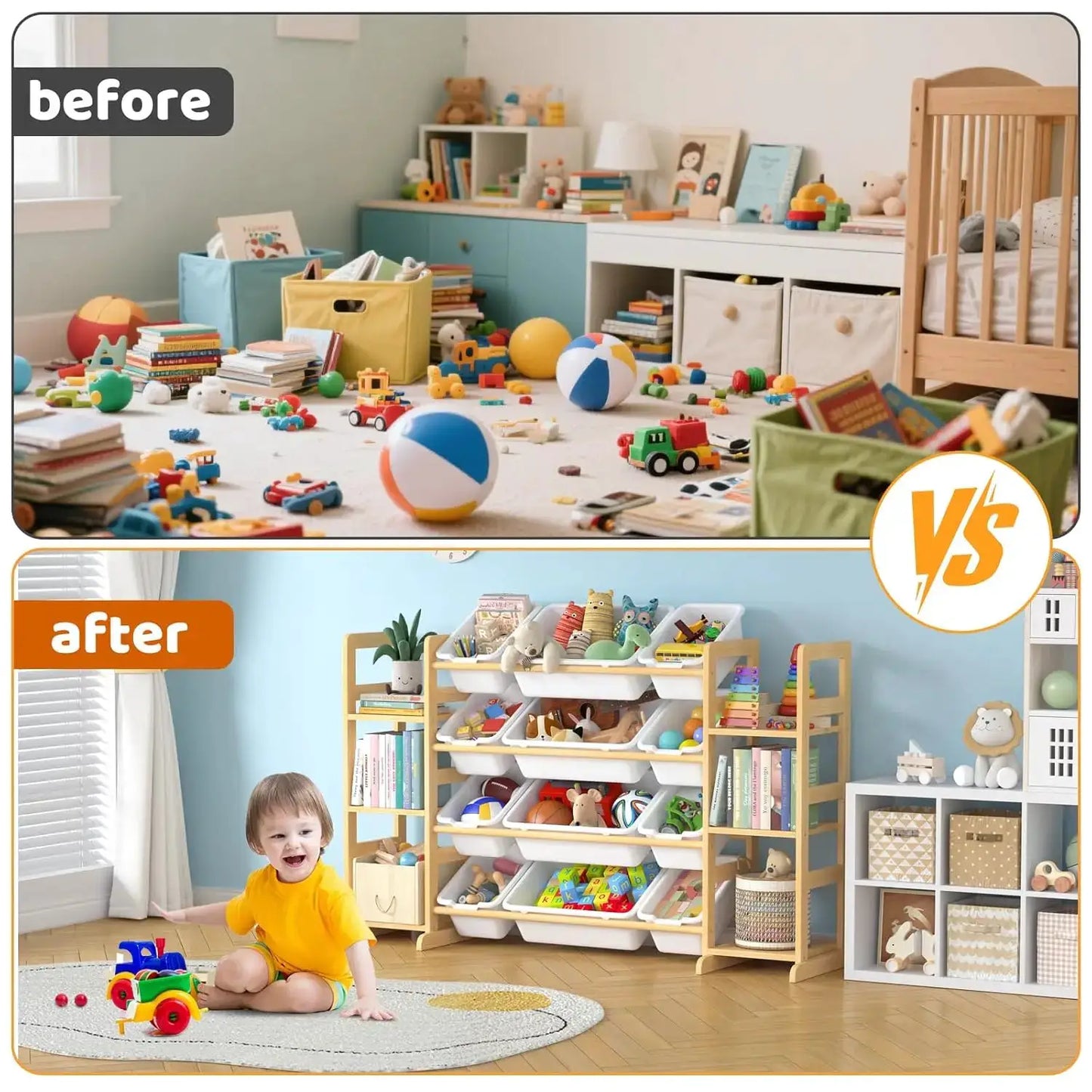Large Toy Storage Organizer with 12 Bins & 6 Shelves, Bookshelf Combo for Kids, Playroom, Bedroom, Nursery from PriceLows™