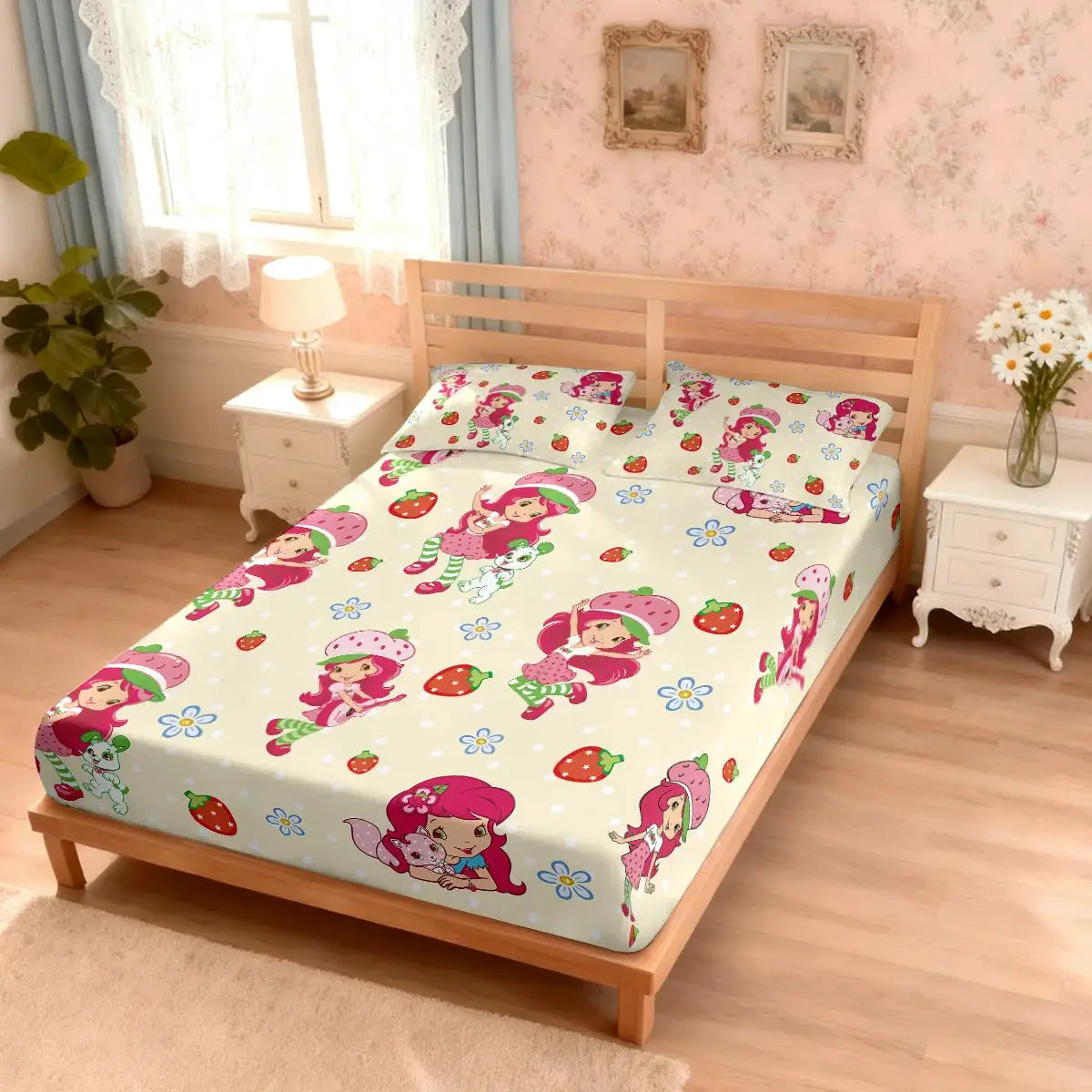 3pcs Pink Strawberry Girl Coreless Bed Sheet Set, Multi Size Bed Cover, Bedroom Bedding Decoration, Machine Washable from PriceLows™