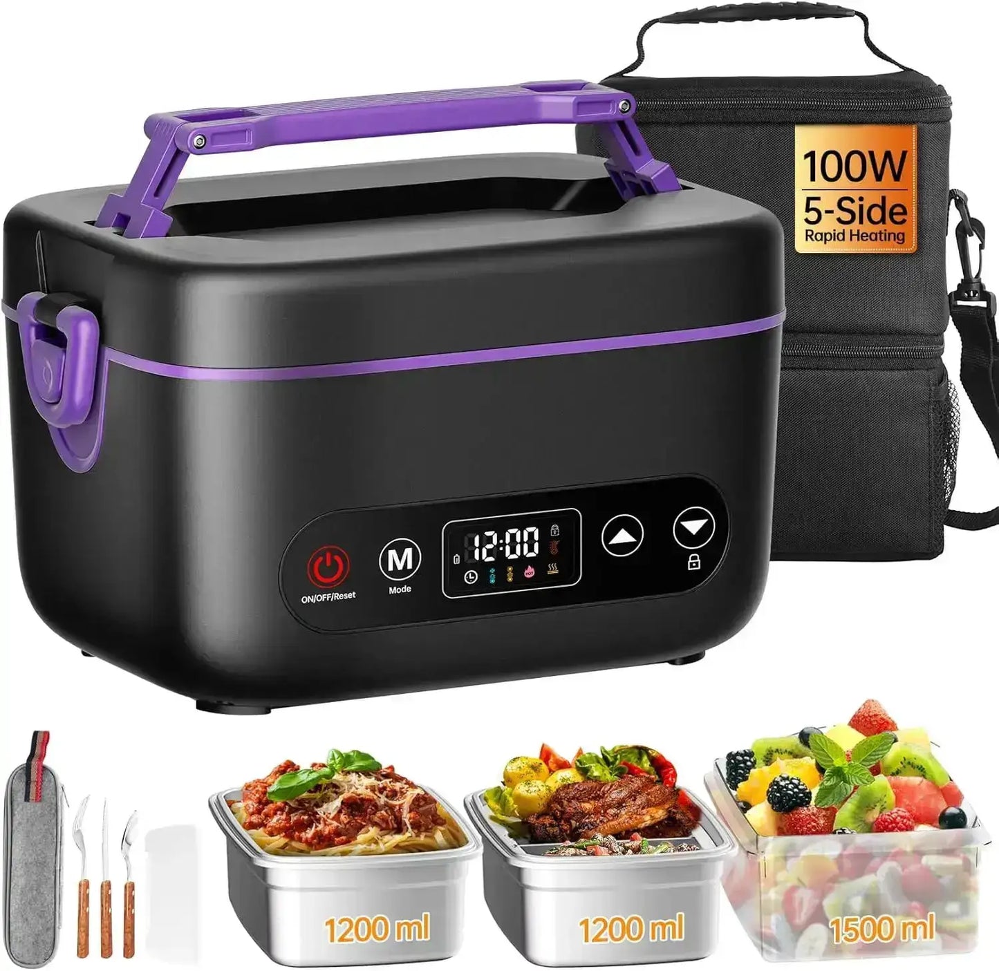1.2L Electric Heated Lunch Box, 100W 5D Surround Heat, 24000mAh Battery, Portable Food Warmer, BPA Free, Purple from PriceLows™