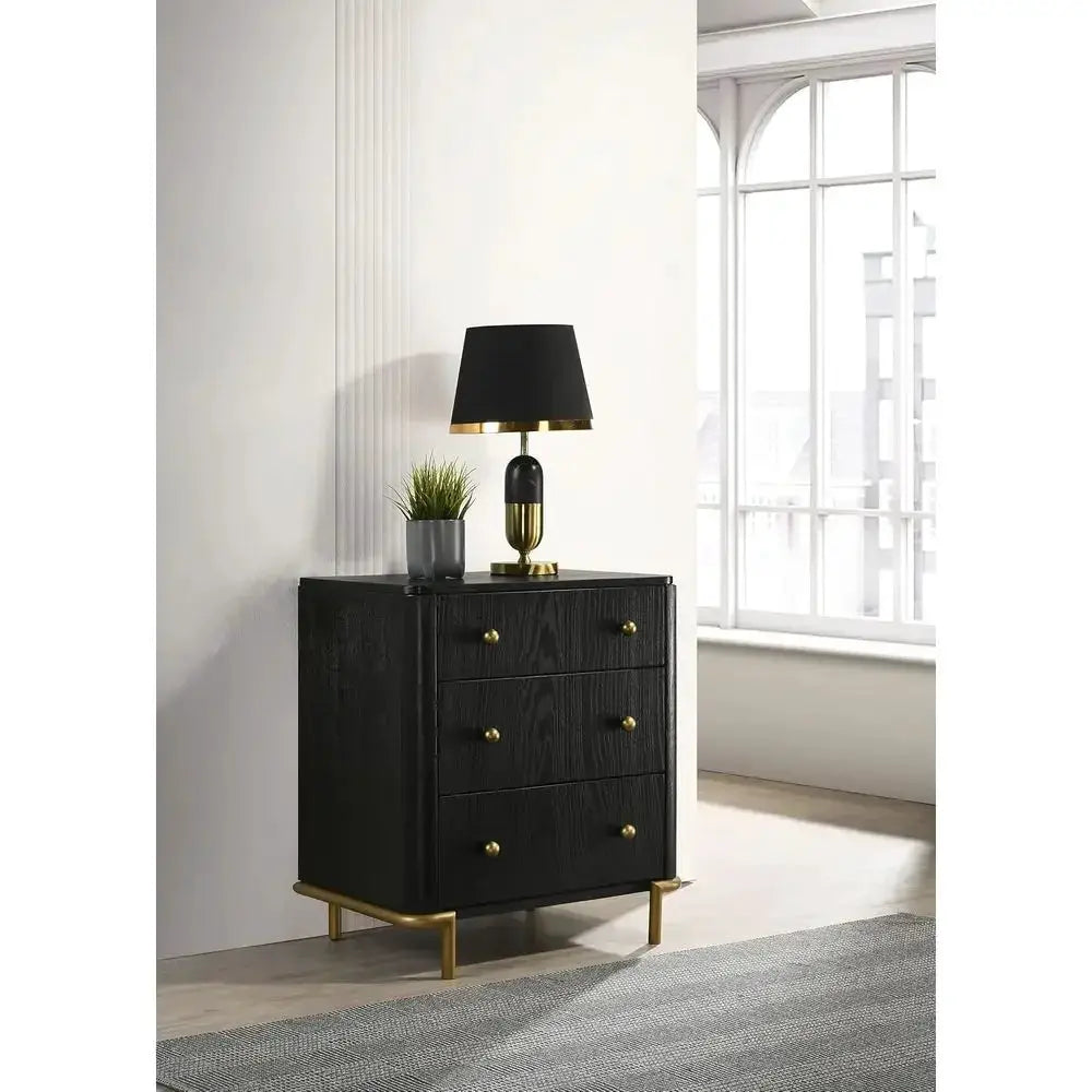 Wood 3-Drawer Nightstand with USB Ports, Soft-Lined Top, Aged Brass Knobs, Metal Base - Black from PriceLows™