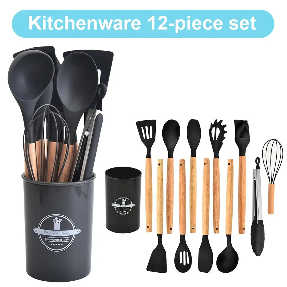 12PCS Silicone Kitchenware Non-Stick Cookware Kitchen Utensils Set Spatula Shovel Spoon Brush Whisk Wooden Handle Cooking Tool from PriceLows™