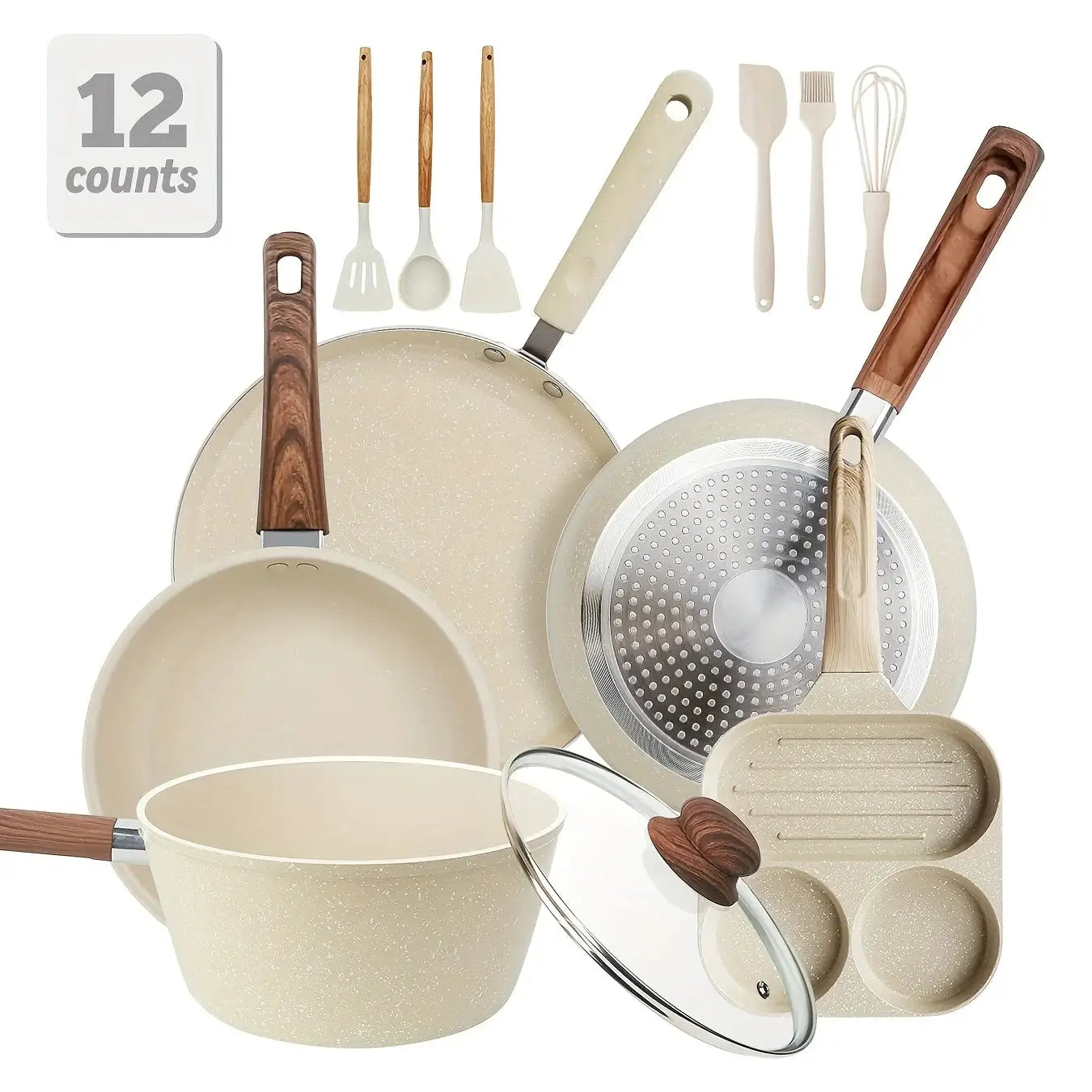 12/15pcs Nonstick Pans Pots Set, Cookware Set with Frying Pan, Saucepan, Cooking Utensils, for Kitchen Home Cannteen Dining Room Use, Gift for Wedding Housewarming, Christmas Gift Box, White from PriceLows™