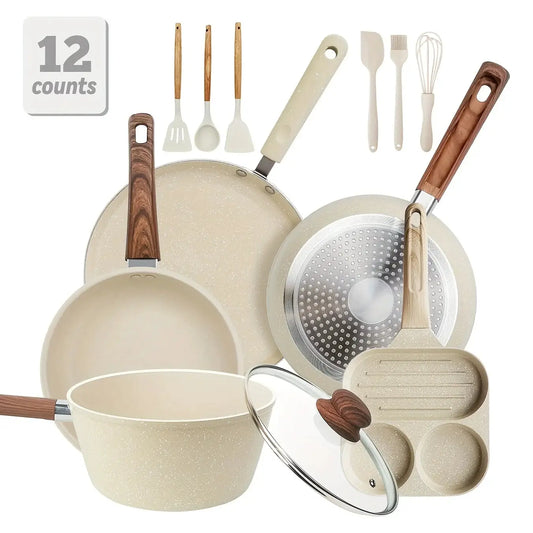 12/15pcs Nonstick Pans Pots Set, Cookware Set with Frying Pan, Saucepan, Cooking Utensils, for Kitchen Home Cannteen Dining Room Use, Gift for Wedding Housewarming, Christmas Gift Box, White from PriceLows™