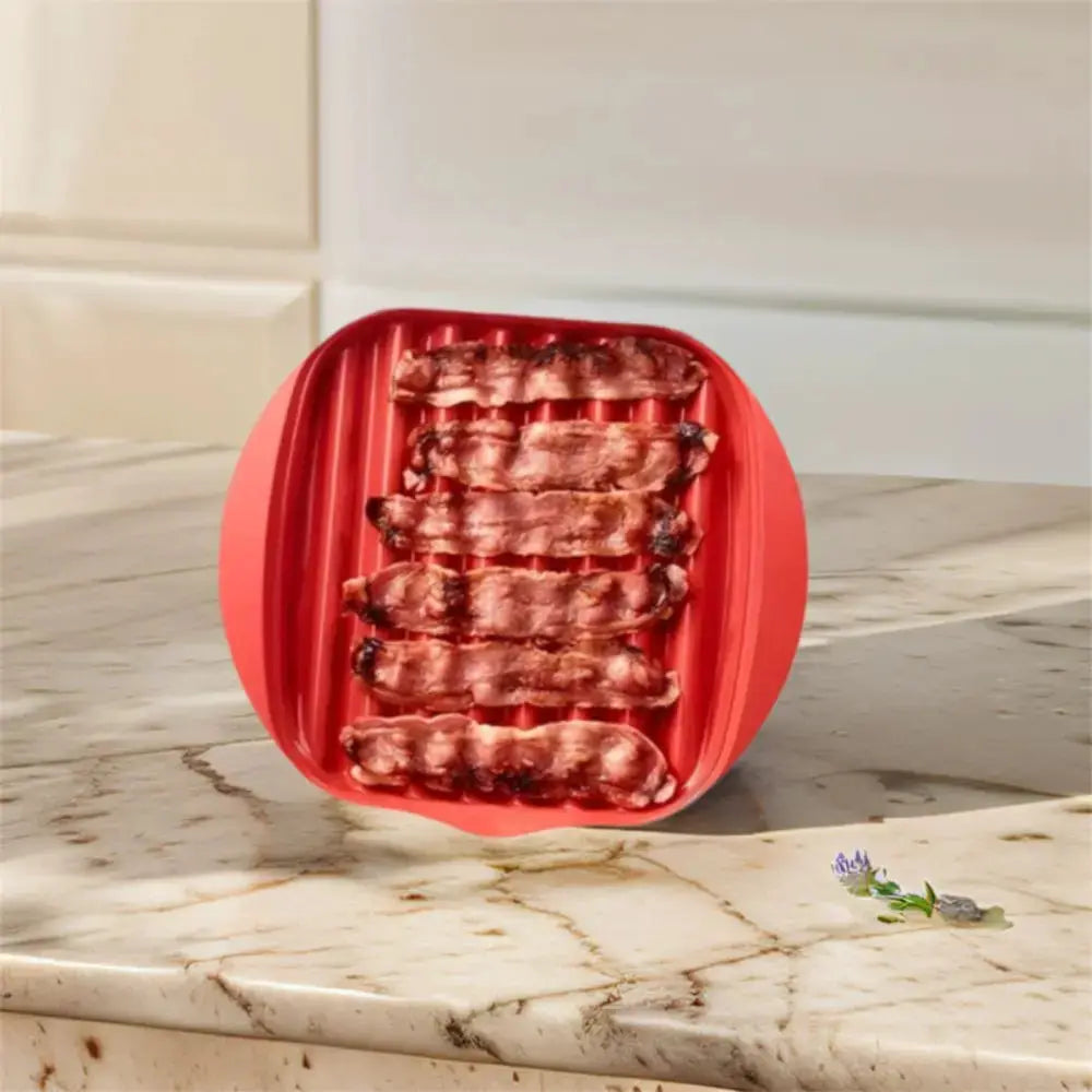 Microwave Bacon Pan | With Lid | Red Wave Nonstick Design | 27.5x24.5x6.5 cm