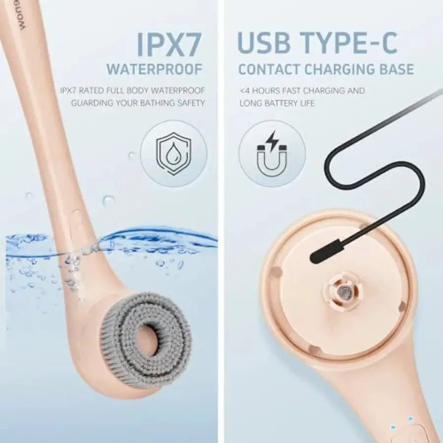 Electric Body Brush | Waterproof | Rechargeable Long Handle | 3 Heads