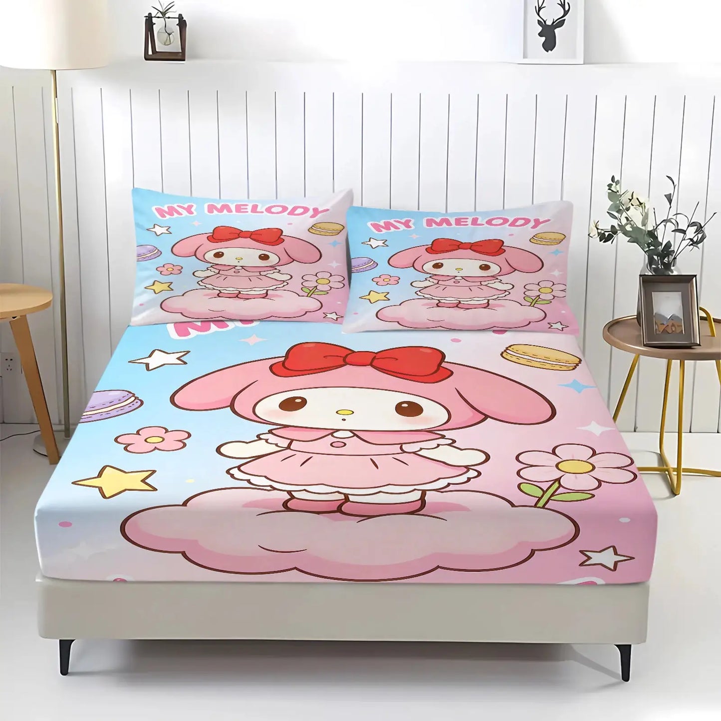 My Melody Sanrio Fitted Sheet Set Kawaii Cute Anime Bed Sheet with Pillowcases for Girls Bedroom Soft Cartoon Mattress Cover from PriceLows™