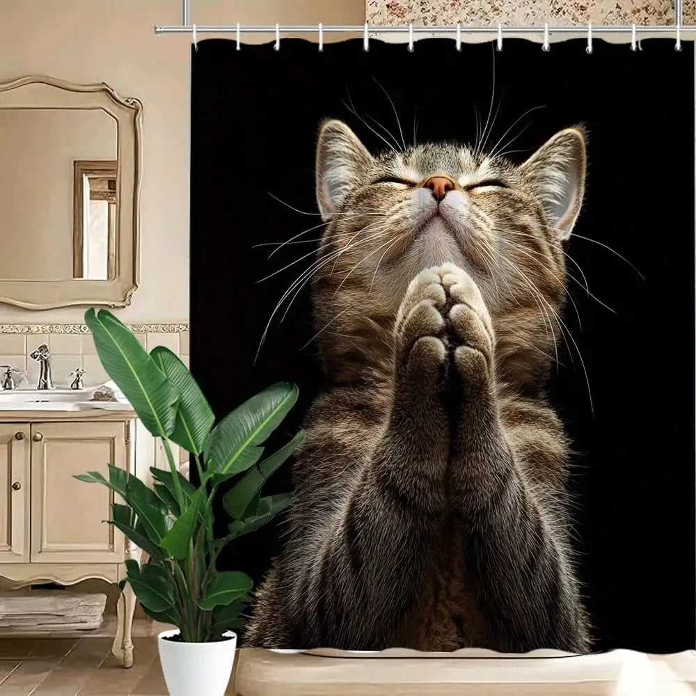 Funny Cat Shower Curtain, Praying Tabby Cat Print, Humorous Animal Bathroom Decor, Novelty Polyester Bath Curtain with Hooks from PriceLows™