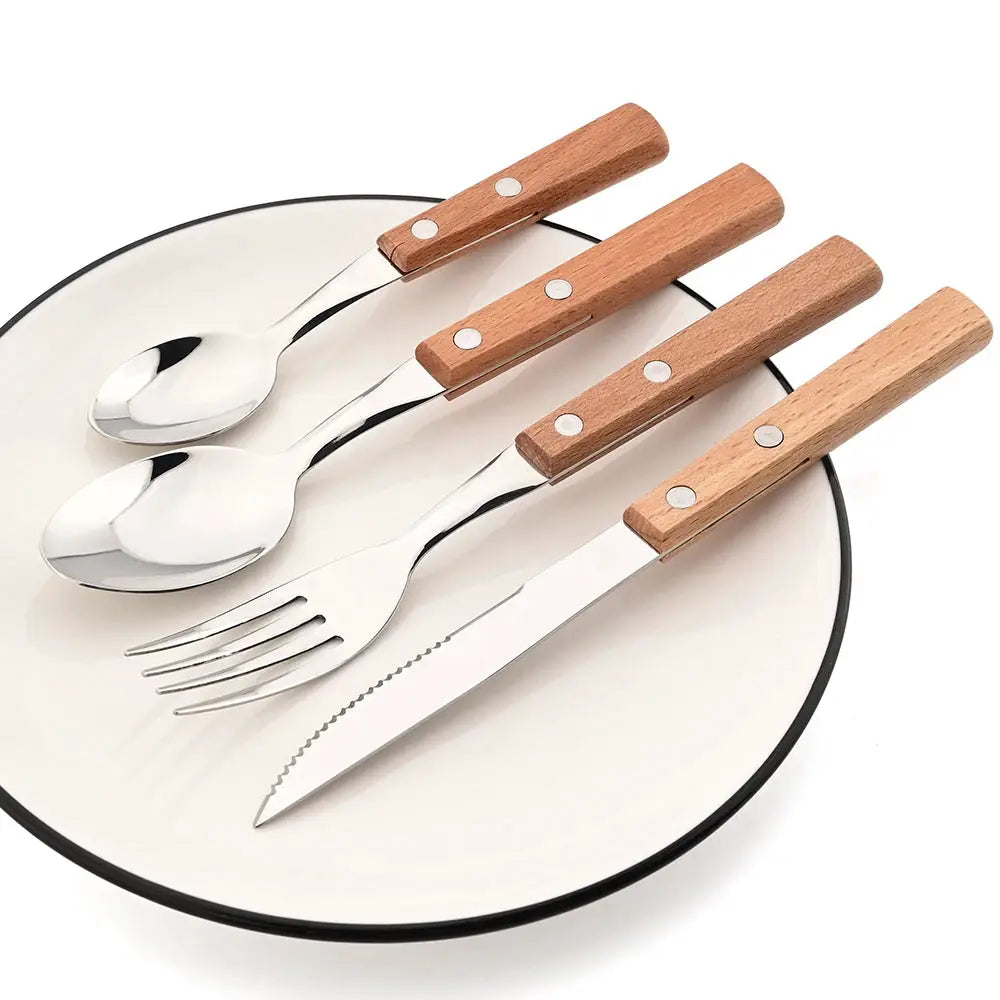 Knife Fork Teaspoon with Wooden Handle 304 Stainless Steel Cutlery Set 6/24Pcs Tableware Mirror Dinnerware Home Flatware Kitchen from PriceLows™
