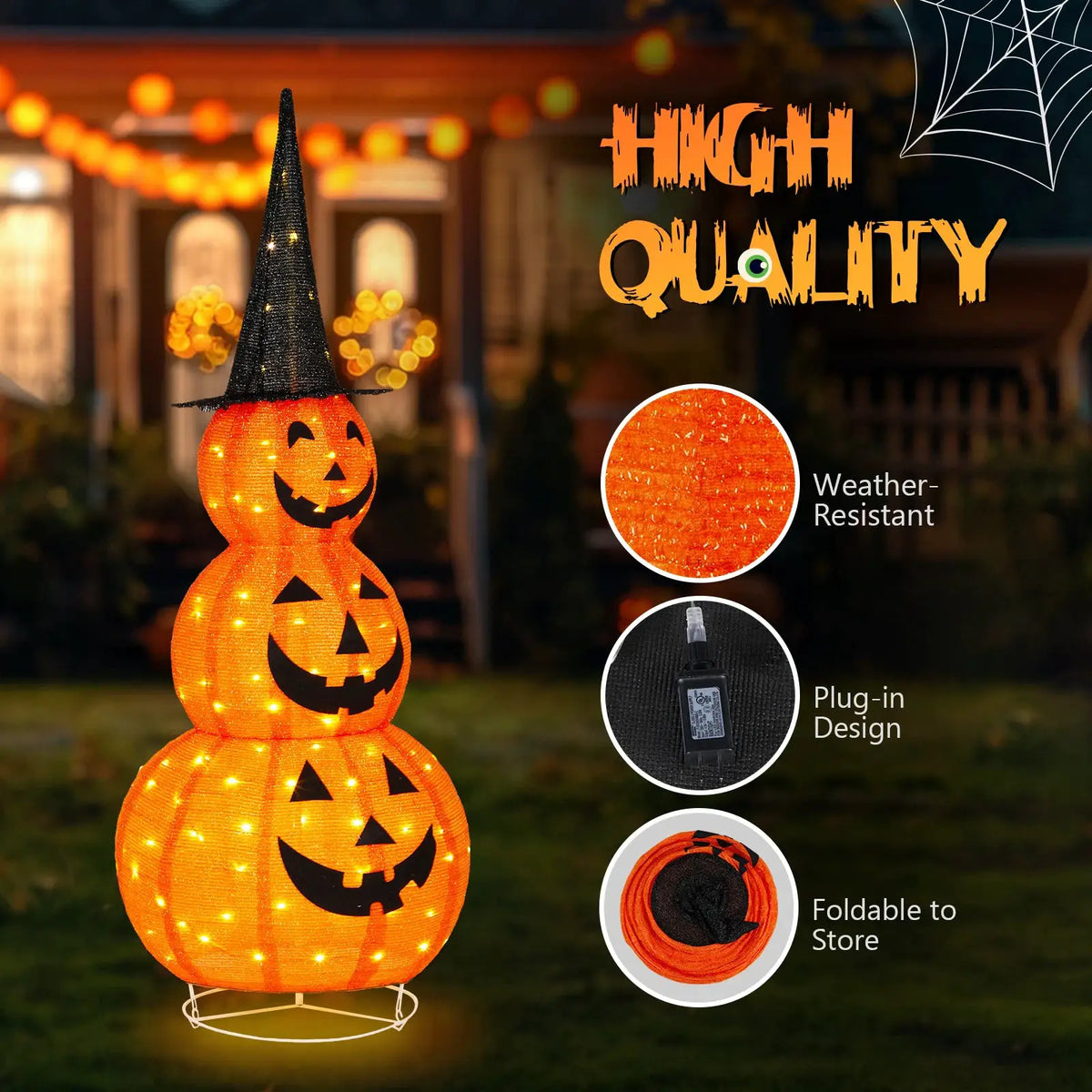 Halloween Pumpkin Decor | 5 Ft Height | 100 LED Lights | Foldable Witch Hat