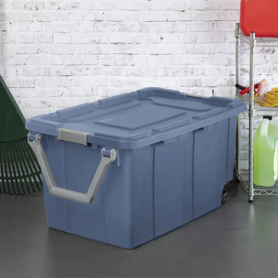 Industrial storage bin for warehouse use, durable plastic, blue, 40-gallon capacity with latching lid and pull handle, extra-la from PriceLows™