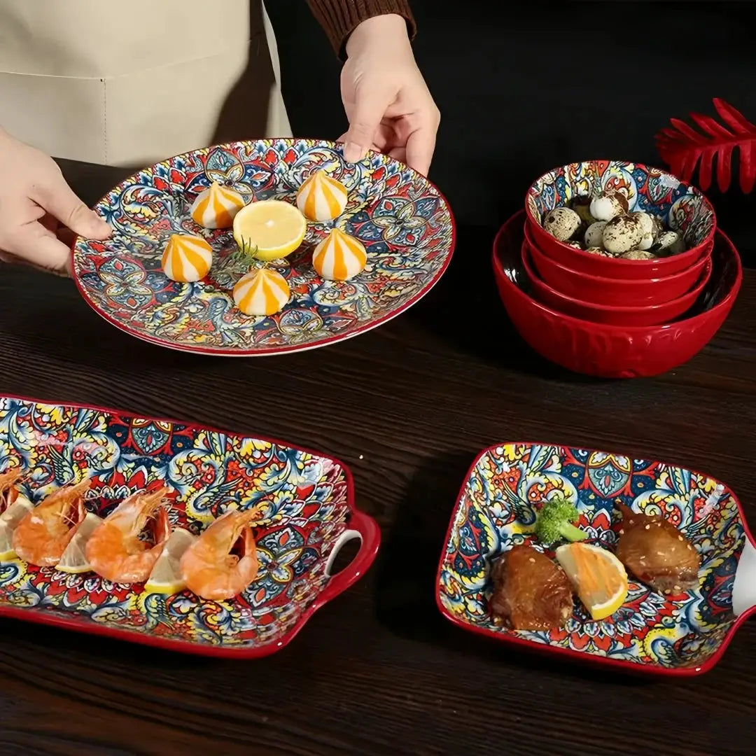 Bohemian ceramic dishes and cutlery 8-piece set household good-looking rice bowl double-ear soup basin exquisite noodle bowl from PriceLows™