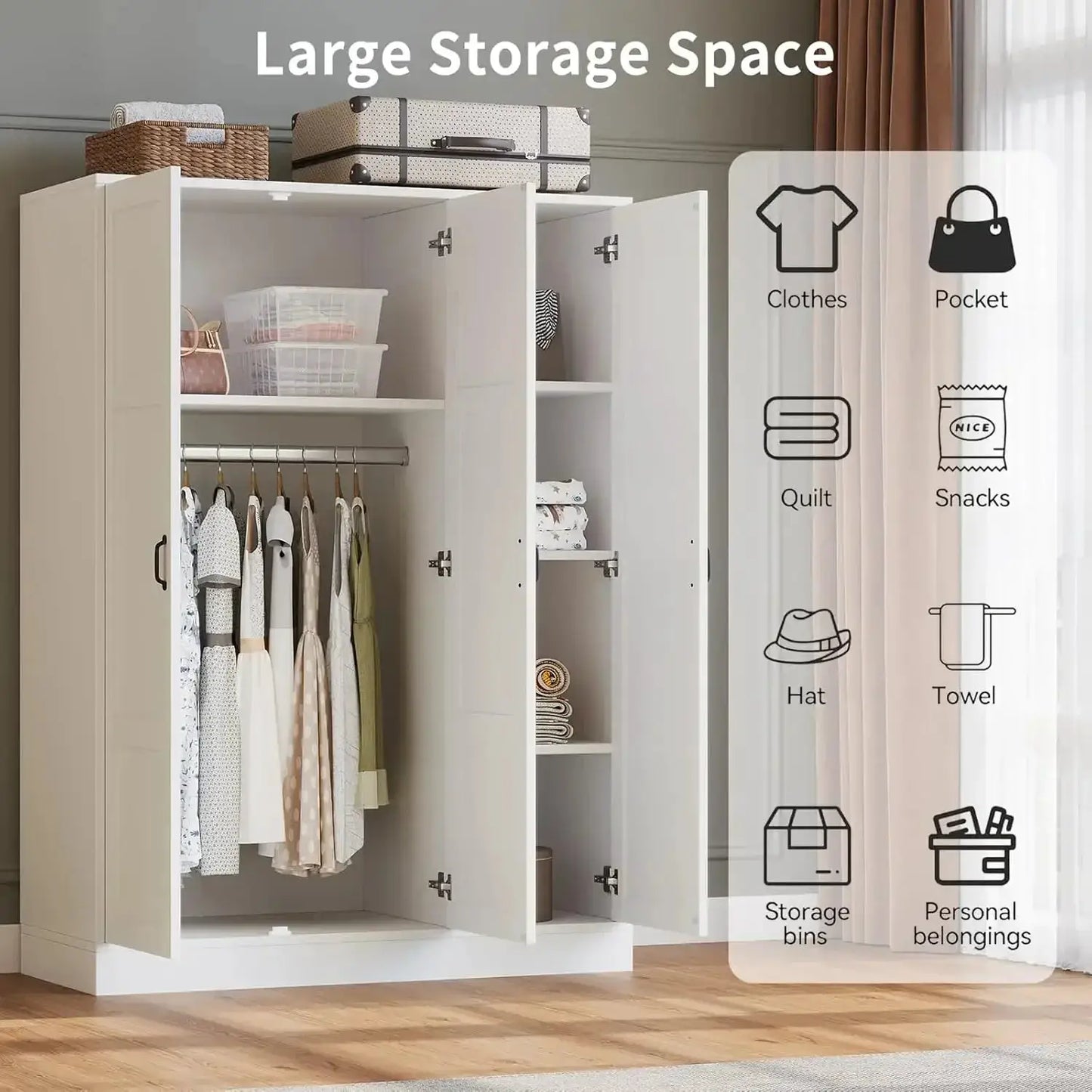 3-Door Armoire with Full-Length Mirror, Adjustable Shelves & Hanging Rod, Freestanding Storage Cabinet for Bedroom, White from PriceLows™