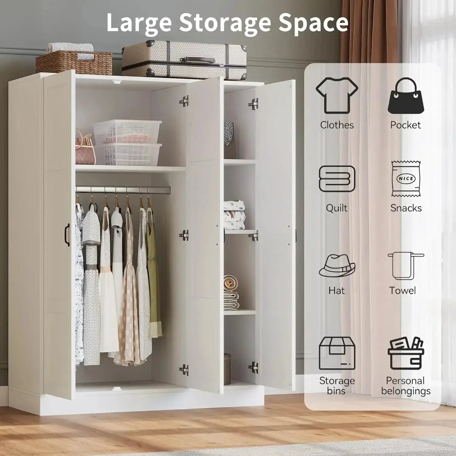 3-Door Armoire with Full-Length Mirror, Adjustable Shelves & Hanging Rod, Freestanding Storage Cabinet for Bedroom, White from PriceLows™