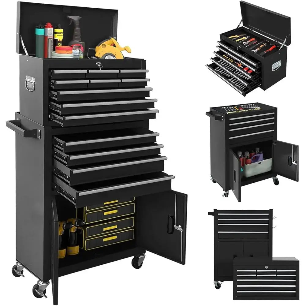 Double-Door Rolling Tool Chest with Lock, Detachable Metal Cabinet on Wheels for Garage, Home, and Warehouse Storage (Black) from PriceLows™