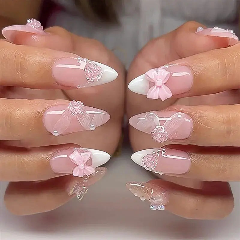 Almond Press On Nails | Acrylic Finish | Pearl Flower Design | 24 Piece Set