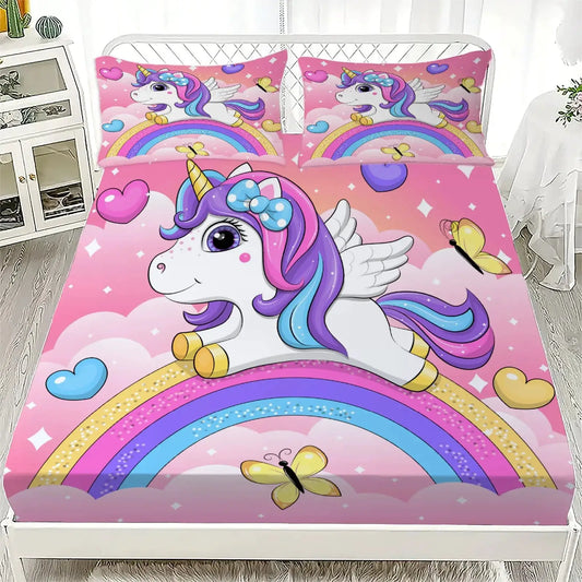 1pc Cartoon Unicorn on Rainbow Print Fitted Sheet Deep Pocket Elastic Mattress Cover Single Double Queen King Bedroom Decor from PriceLows™