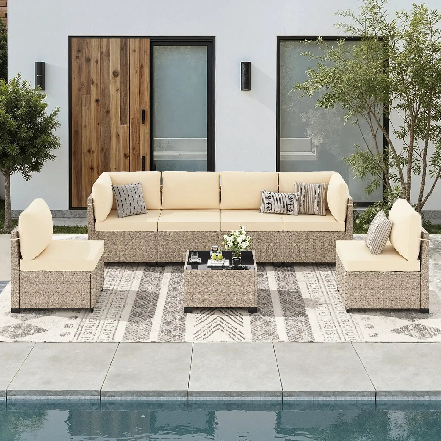7-Piece Patio Furniture Set, Outdoor Rattan Sectional Sofa with Tempered Glass Table, All-Weather, for Garden, Porch, Backyard from PriceLows™