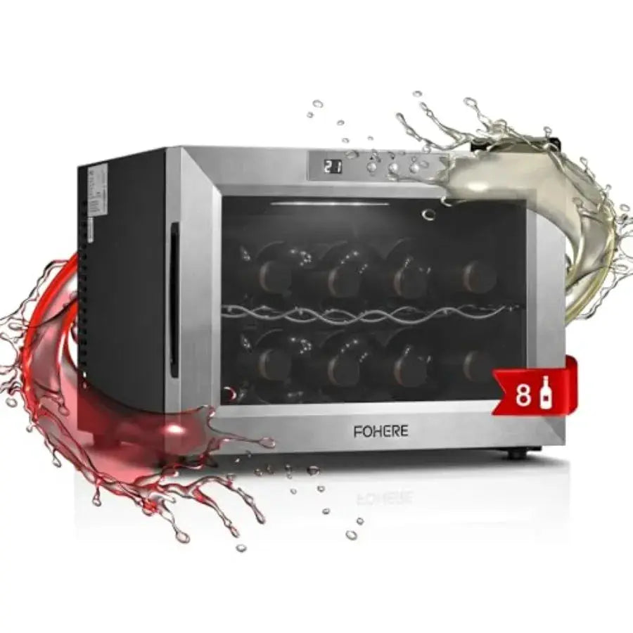 Countertop wine fridge for bar home office use, stainless steel with double glass doors, black finish, LED lighting and digital from PriceLows™