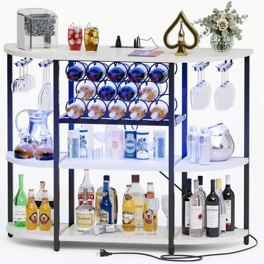 Wine Bar Cabinet for Liquor Bar Table Bar Cabinet with Lights and Outlet 4Tier Storage Freestanding Wine Racks with Glass Holde from PriceLows™