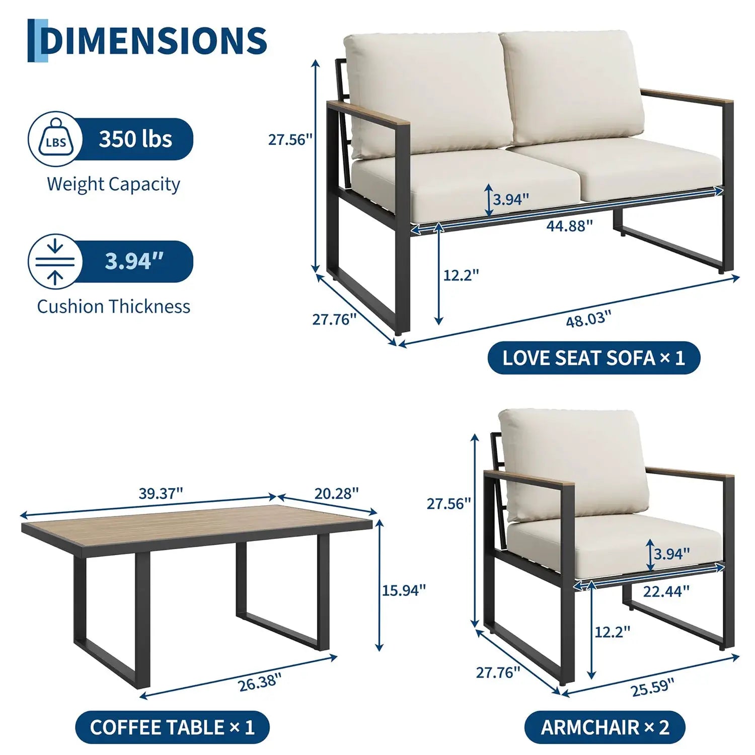 Modern 4-Piece Patio Furniture Set Outdoor Conversation Sectional Sofa With Coffee Table Thick Washable Cushions For Lawn Deck from PriceLows™