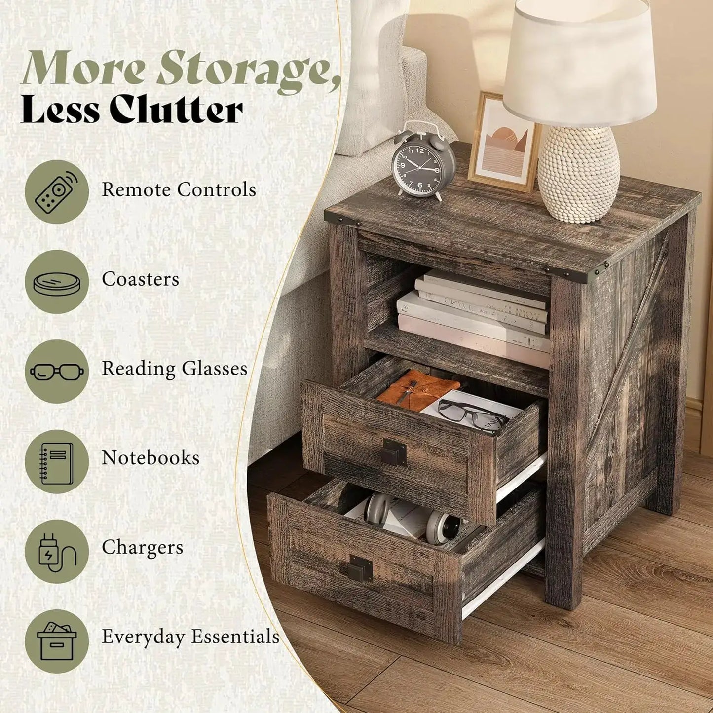 Farmhouse Nightstand Set of 2, Wooden Side Table with Drawers & Open Shelf, Narrow/Small Bedside End Table, Wood Night Stand for Bedroom/Dorm/Home Office, Rustic Black Oak from PriceLows™