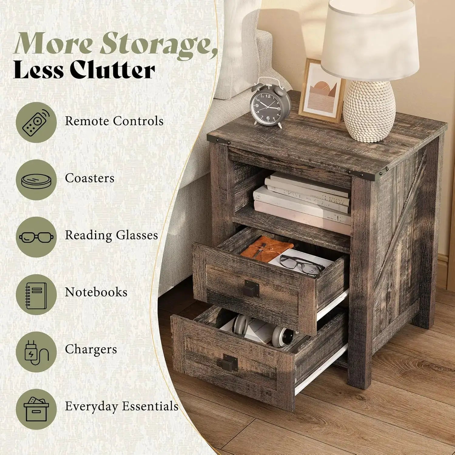 Farmhouse Nightstand Set of 2, Wooden Side Table with Drawers & Open Shelf, Narrow/Small Bedside End Table, Wood Night Stand for Bedroom/Dorm/Home Office, Rustic Black Oak from PriceLows™