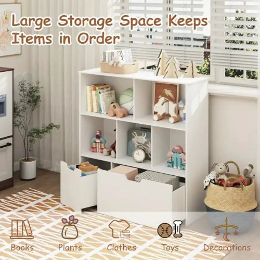 Toy Storage Organizer with 2 Movable Drawers 3-Shelf Bookcase 's Toy Chest Cabinet for Playroom Bedroom Daycare Nursery School from PriceLows™
