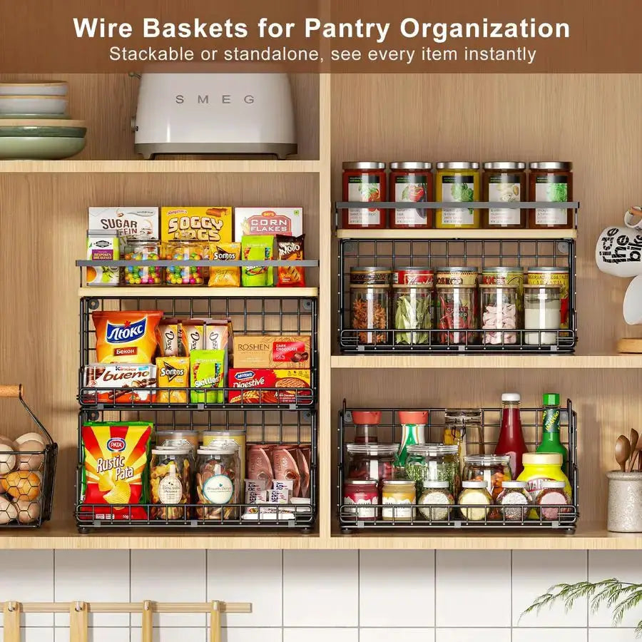 3Tier Stackable Snack Organizer with Pine Wood TopTrapezoid Metal Wire Basket, Countertop amp Wall Mounted Snack Holder for Kitc from PriceLows™