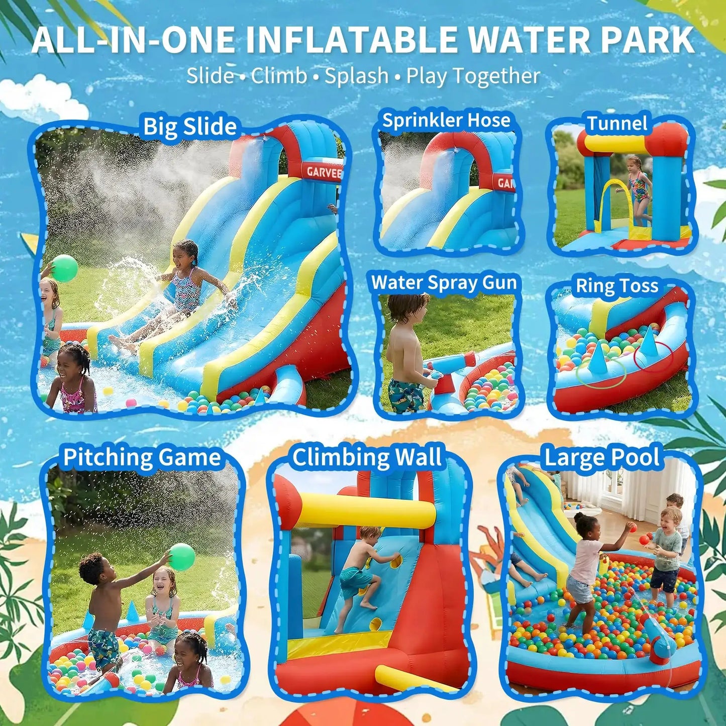 8-in-1 Inflatable Water Park Kids Bounce House With Double Slides & Pool, 550W Blower, Oxford, Indoor Outdoor Set from PriceLows™