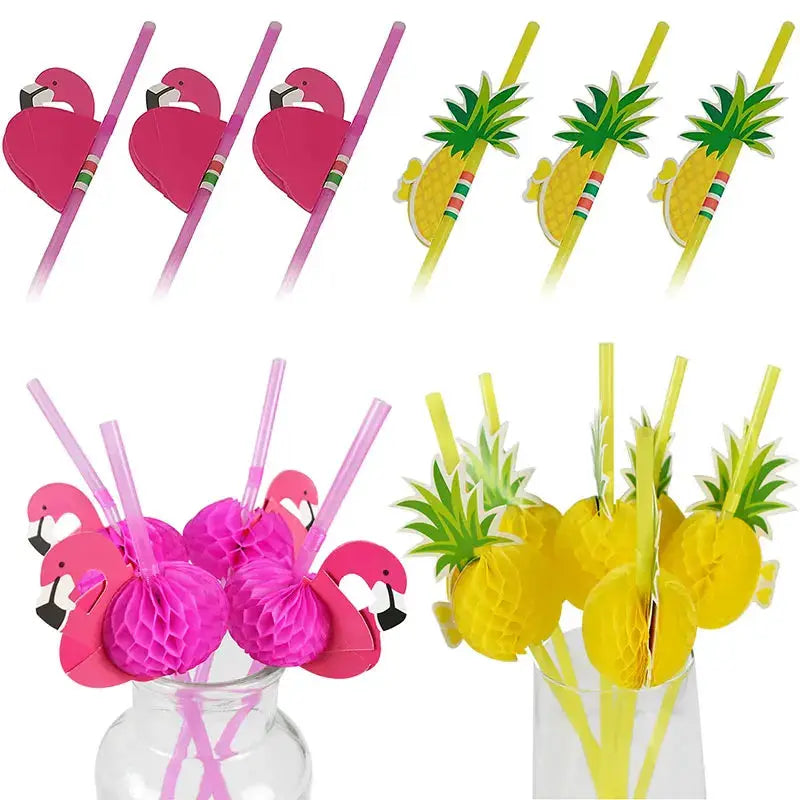 Hawaiian Flamingo Paper Party Straws | Tropical Pineapple | 50 Pack