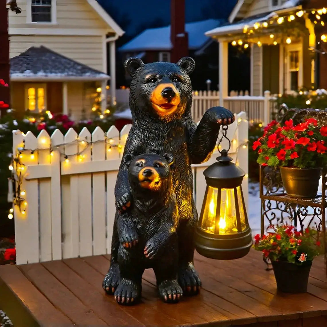 Outdoor Garden Solar Statue Light, Garden Bear Statue with Solar Lantern, Outdoor black bear mother and son lantern decoration from PriceLows™