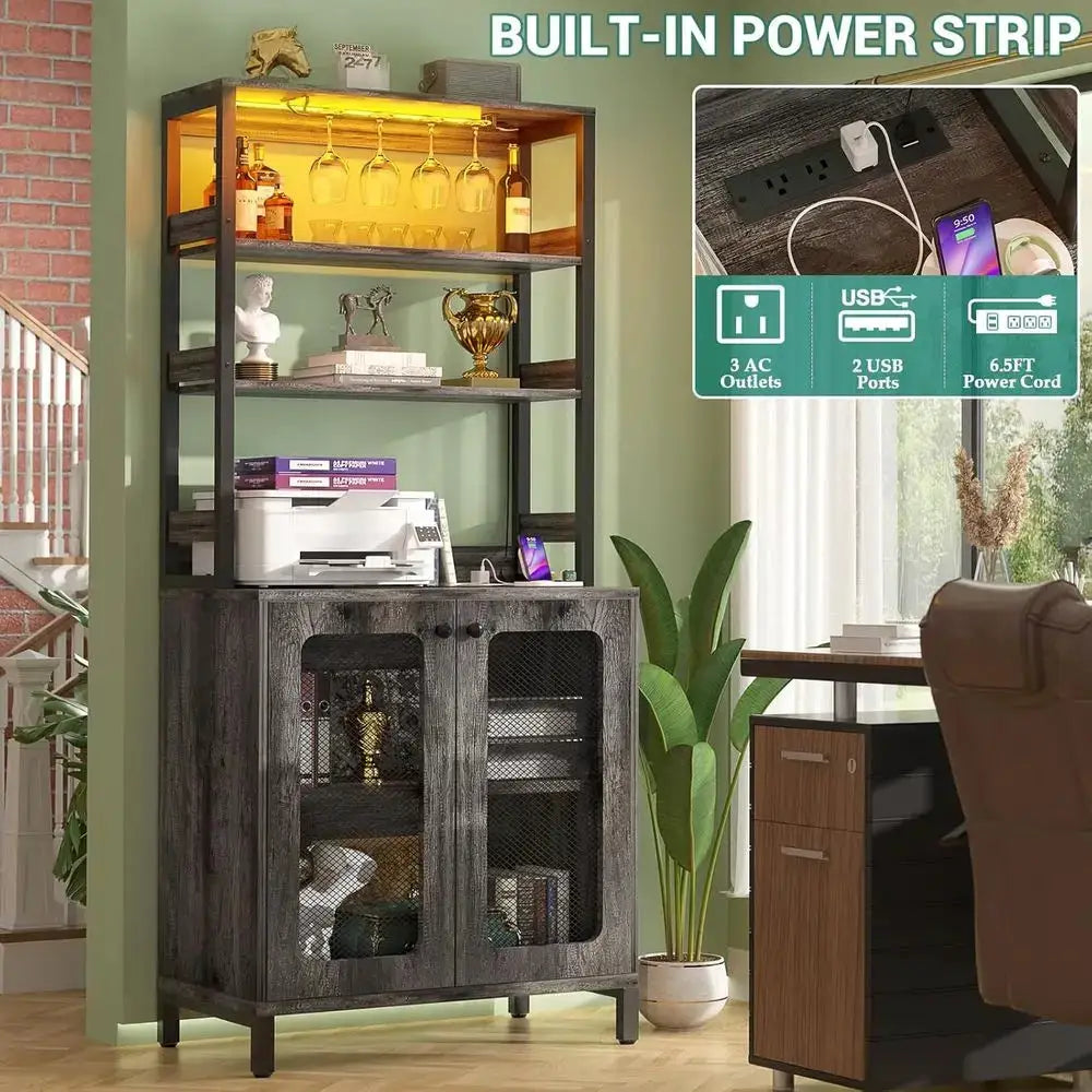 26.9 LED-lit Wine & Liquor Bar Cabinet with Power Outlets and Glass Holders, Black Oak Finish from PriceLows™