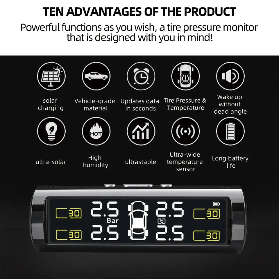 USB/Solar TPMS Wireless Tire Pressure Monitoring 4 Sensors Car Tire Temperature Tire Pressure Monitor Safety Alarm from PriceLows™