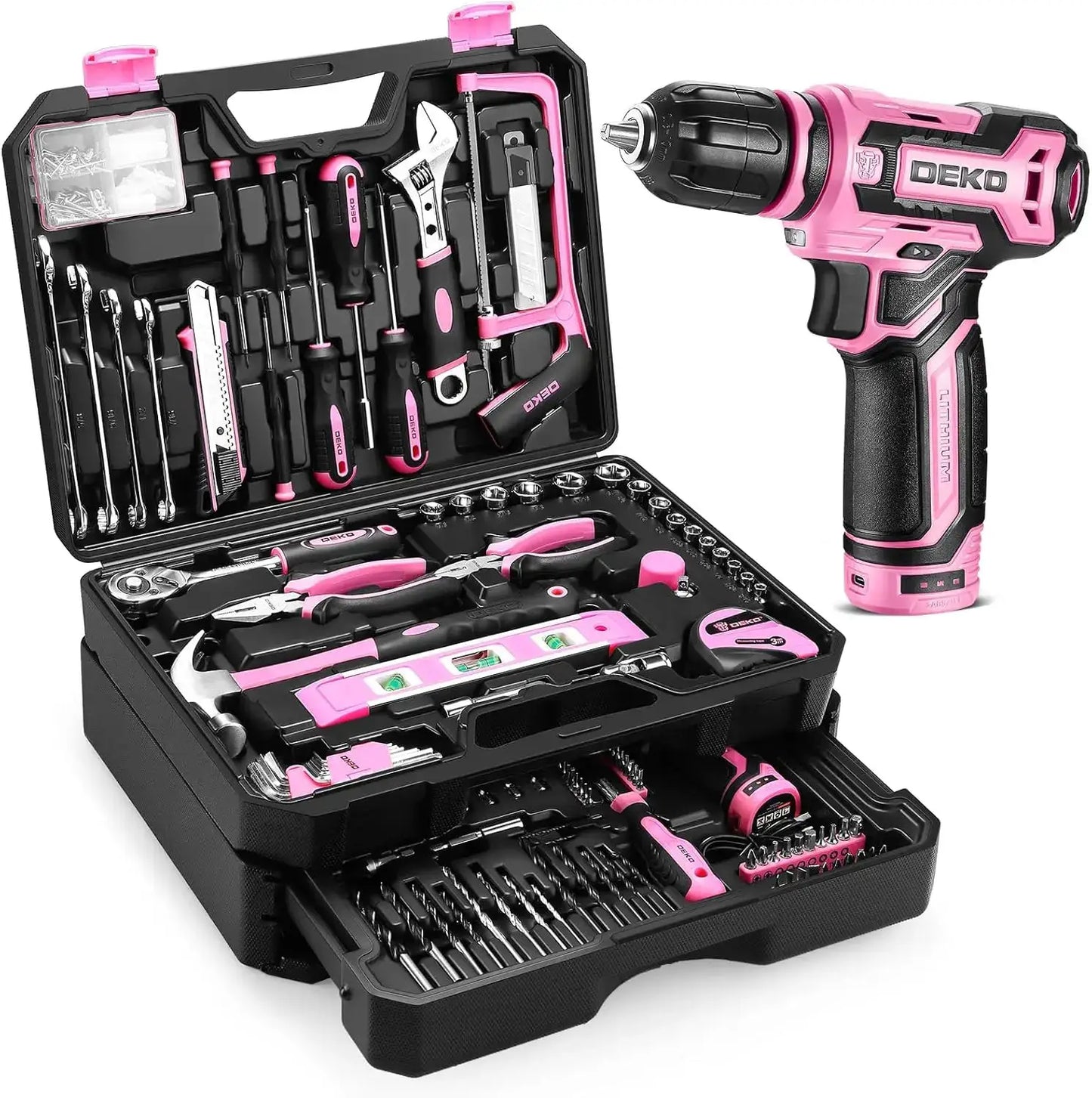 Pink Tool Kit Box with 12V Cordless Drill Set for Home Repair and DIY Projects, 238-Piece Hand Tool Combo with Storage Organizer from PriceLows™