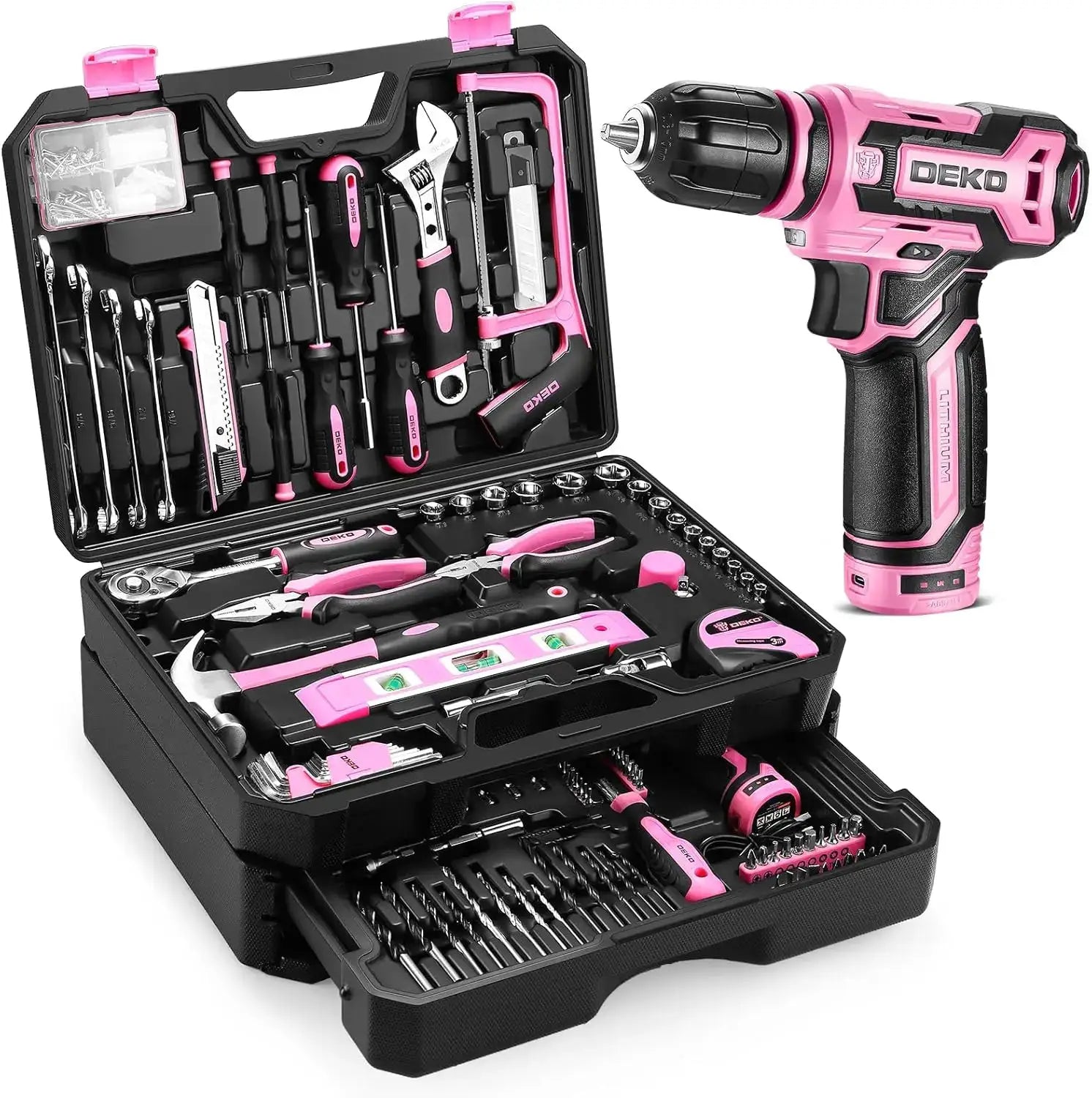 Pink Tool Kit Box with 12V Cordless Drill Set for Home Repair and DIY Projects, 238-Piece Hand Tool Combo with Storage Organizer from PriceLows™