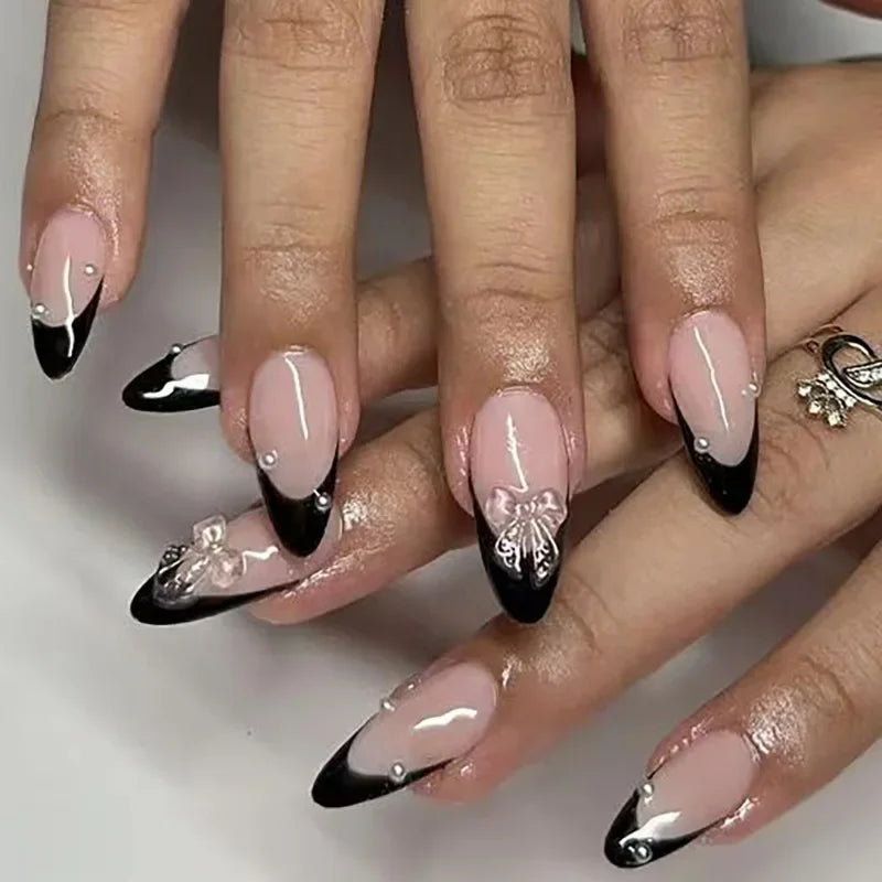 Reusable Press On Nails | Almond Cut | Blush Diamonds Sweetheart Bows | 24 Pcs