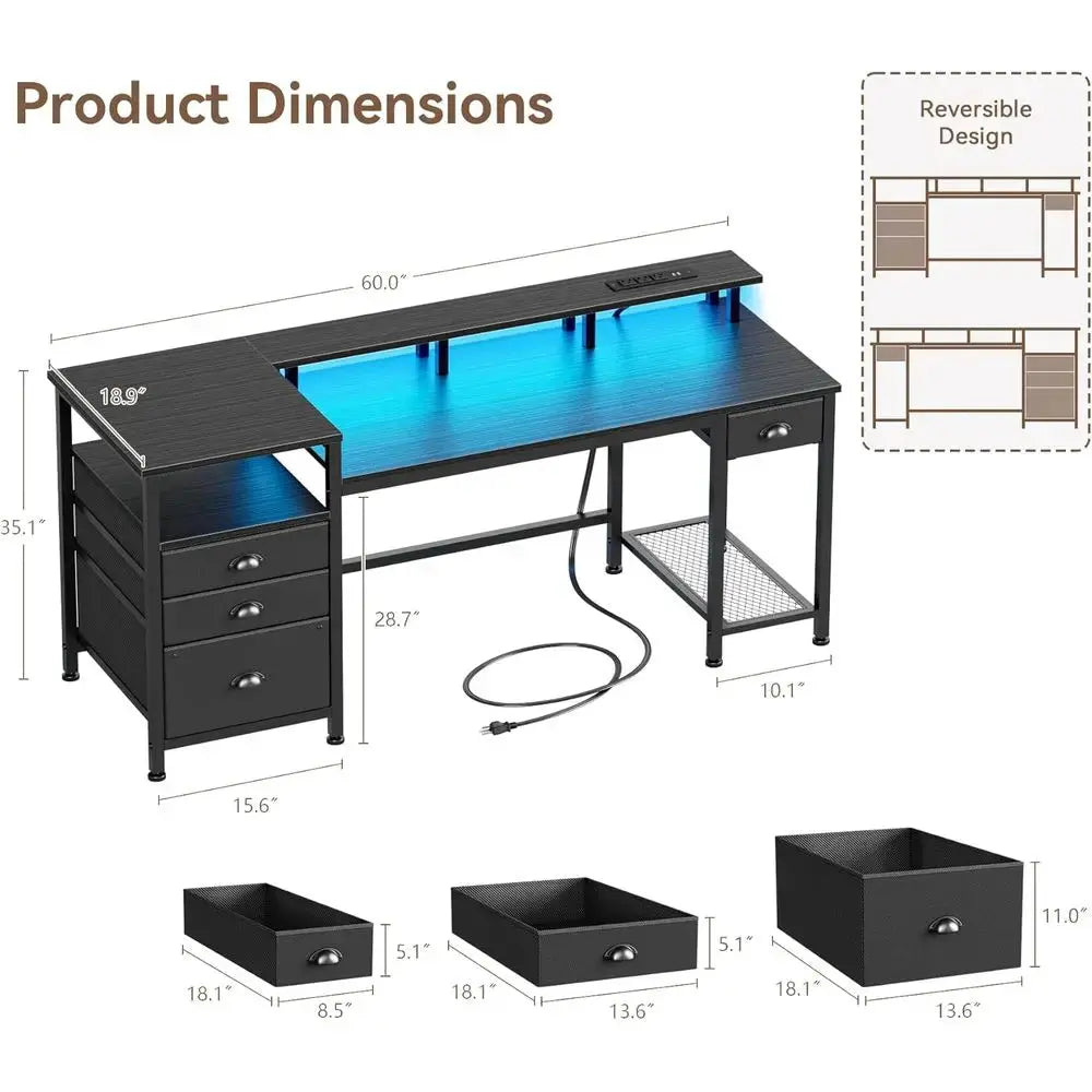 60" Black Computer Desk with 4 Drawers and Printer Space, Gaming Desk with LED Lights and USB Power Outlets, Home Office Desk wi from PriceLows™