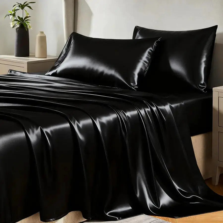 Satin Sheets King Size Sheet Set 4 Piece Silky King Sheets, Luxury Black King Bed Set with Smooth and Soft Microfiber, Includes from PriceLows™