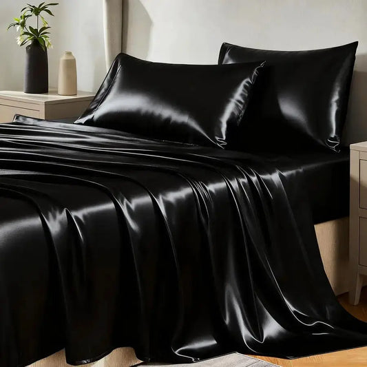 Satin Sheets King Size Sheet Set 4 Piece Silky King Sheets, Luxury Black King Bed Set with Smooth and Soft Microfiber, Includes from PriceLows™