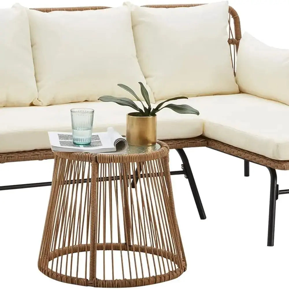 White Outdoor 3-Piece L-Shaped Sectional Sofa Set with Cushions and Glass Table for Patio, Balcony, or Garden from PriceLows™