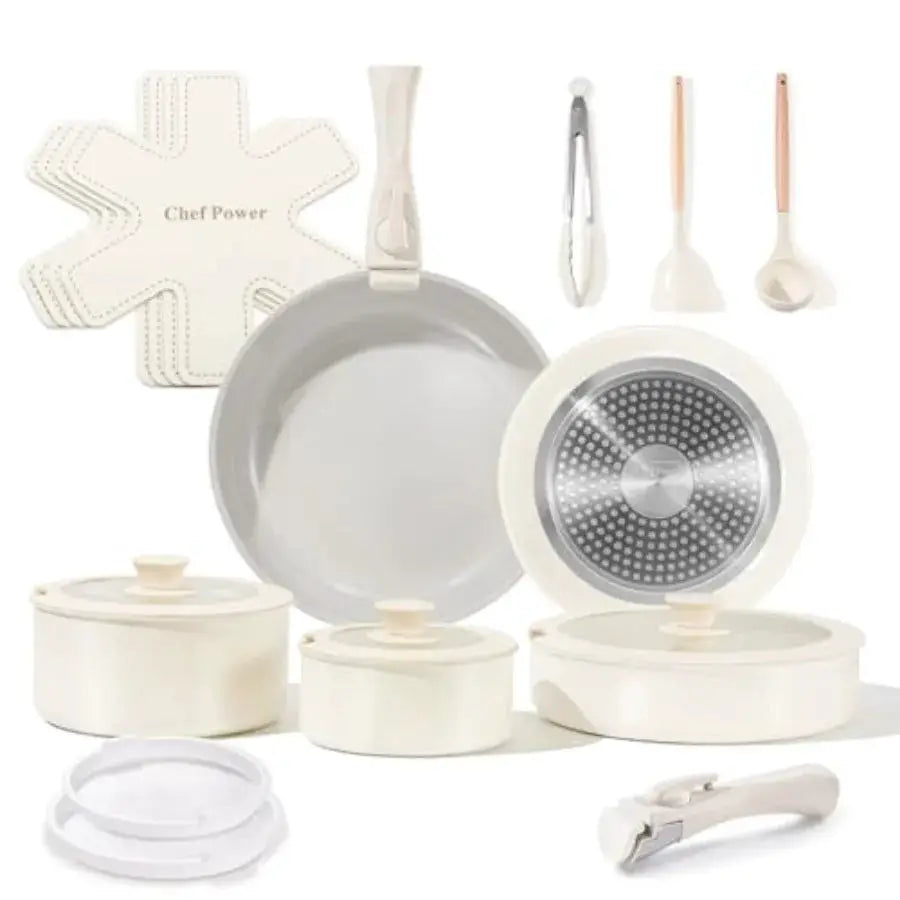 Ceramic Nonstick Pots and Pans Set 19 Piece with Detachable Handle, Induction Dishwasher Oven Safe Cookware Set, RV Kitchen Set from PriceLows™