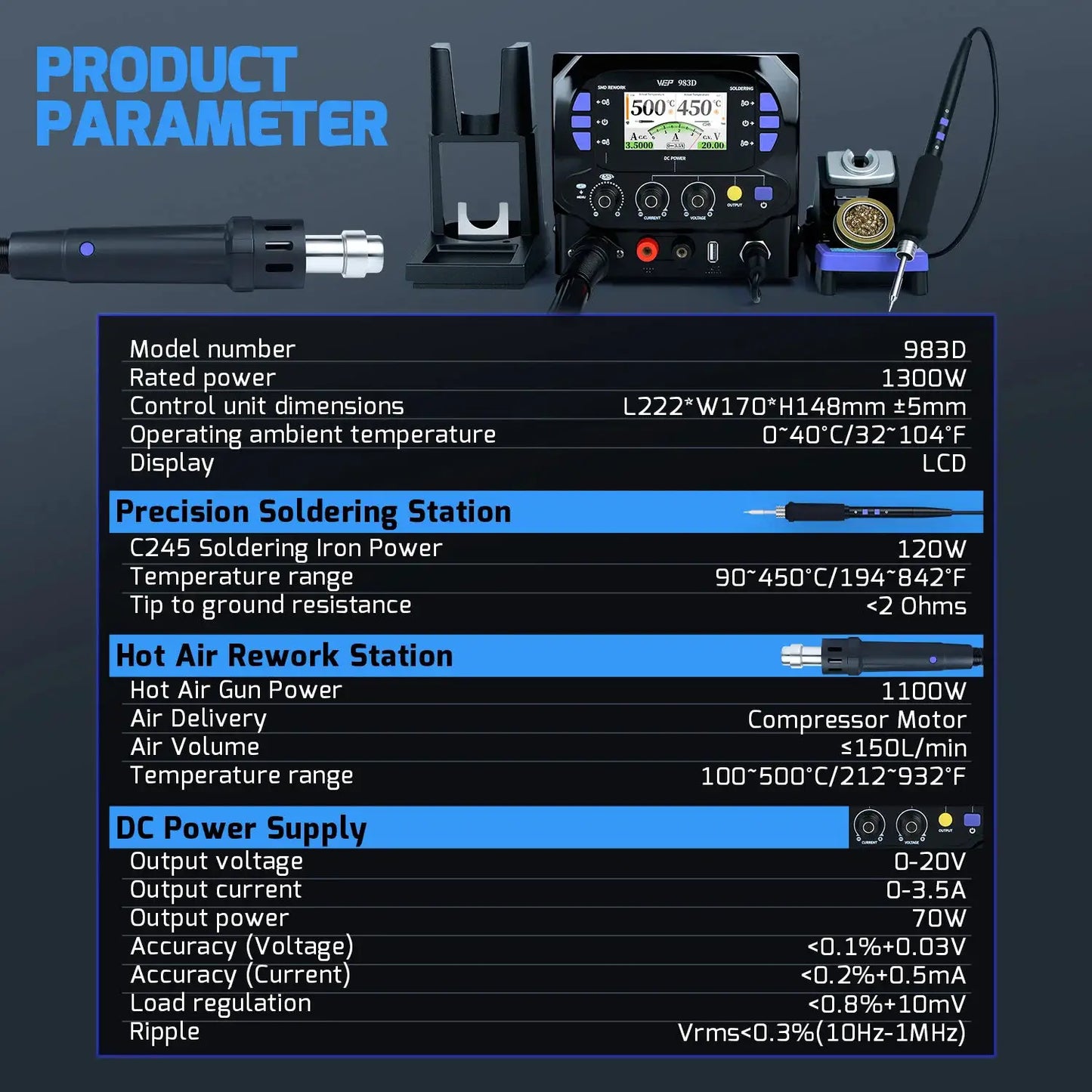 1300W 3IN1 Precision Soldering Station Compatible With C245 C210 Iron Pump Hot Air Handle For Micro Welding DC Power Supply WEP from PriceLows™