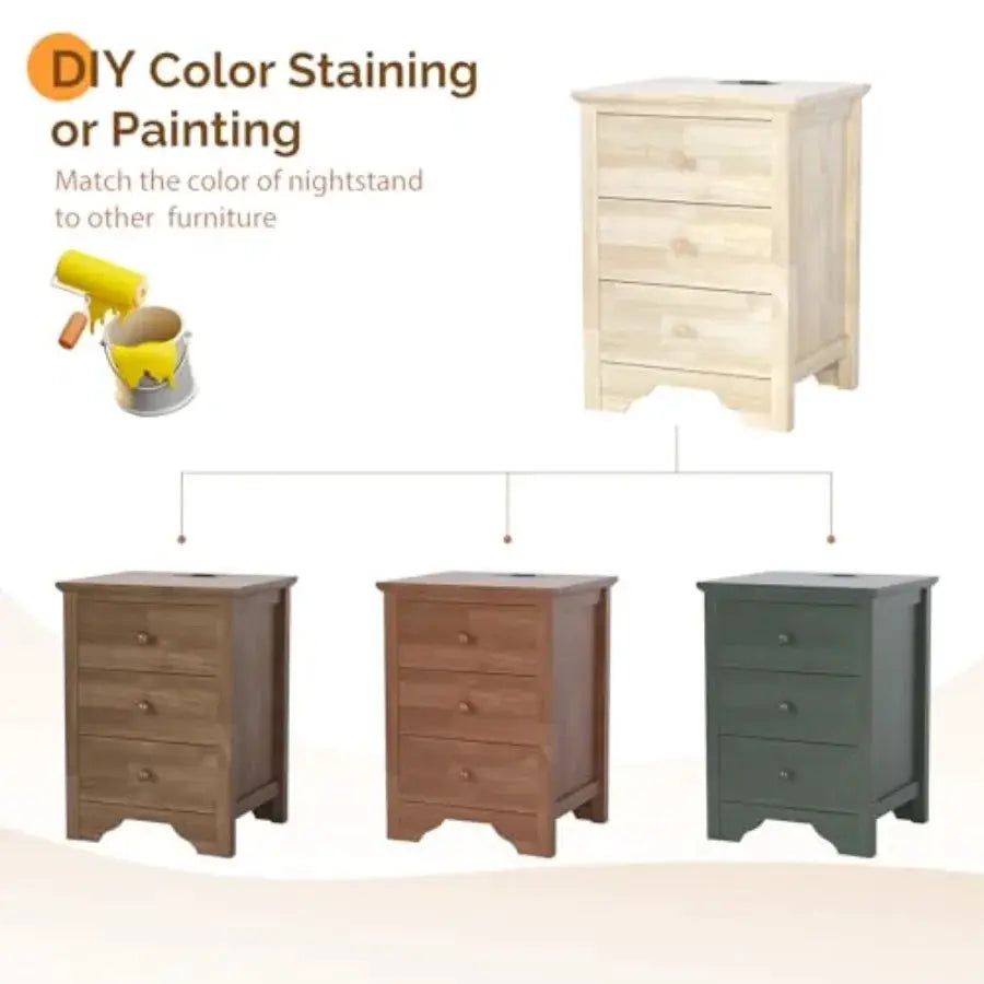 Unfinished Solid Wood Nightstand 18.54 W with Charging Station and Drawers Natural Wood Bed Side Table for Bedroom DIY Color Cu from PriceLows™