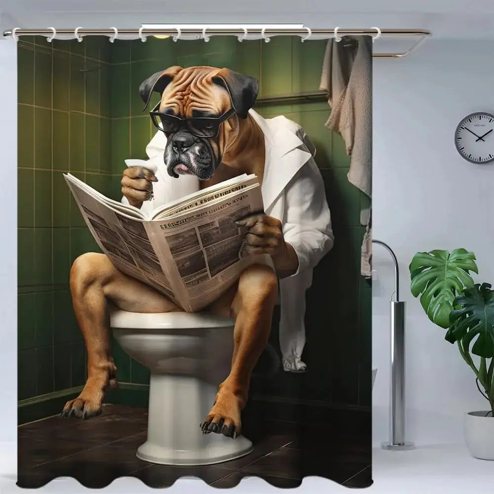 Funny Boxer Dog Bath Shower Curtain,Cute Dogs Reading Newspaper on Toliet Bathroom Curtain Washable Cloth Kids Shower Curtain from PriceLows™