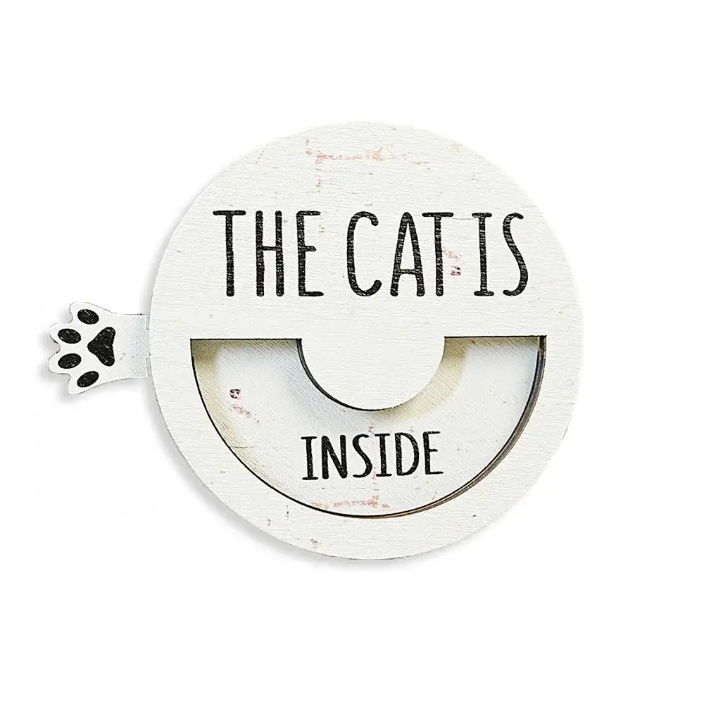 Cat Door Sign | Round Wood Magnet | 7.6 cm Diameter | White Brown