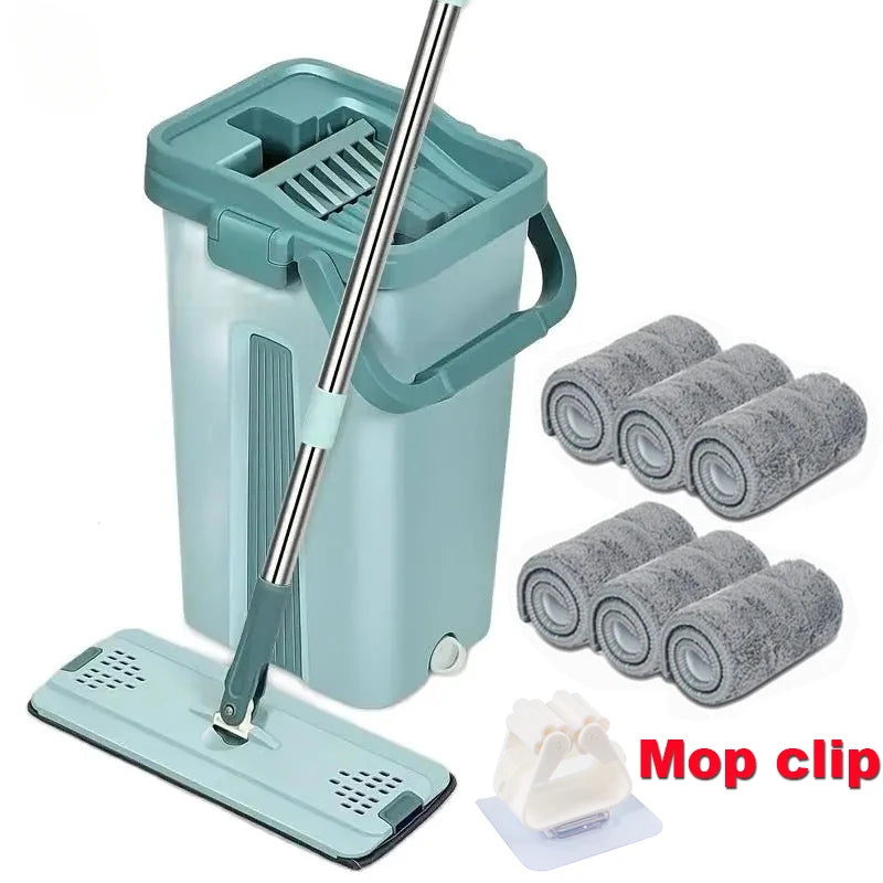 Flat Squeeze Mop with Bucket Hand Free Wringing Floor Cleaning Mop Microfiber Mop Pads Wet or Dry Usage on Hardwood Laminate from PriceLows™